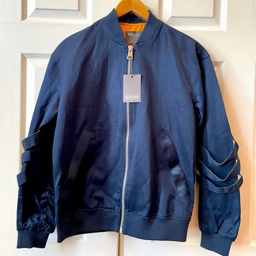 NAVY WITH ORANGE LINING ASOS BOMBER JACKET SIZE SMALL NWT